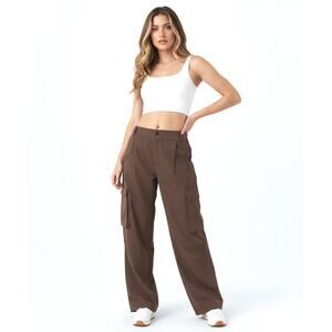 Halara Cargo Pants Womens Medium, Brown Wide Leg Pockets Relaxed Utility Nylon